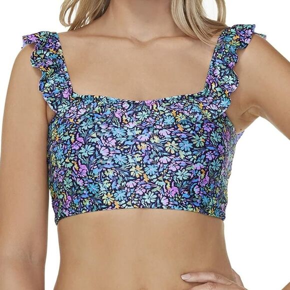 Raisins Blue Floral Ruffle Porta Del Sol Margarita Bikini Top Size Large - Picture 8 of 8